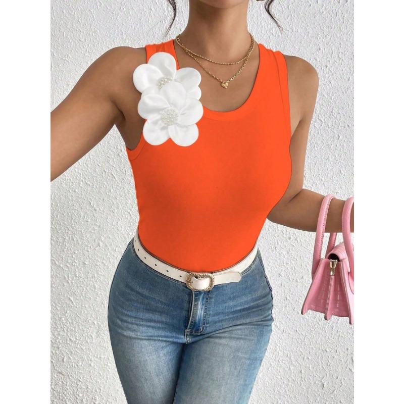 Damen Europäischer Stil 3D Blumen Dekoration Einfarbig Ärmellos Crop Tanktop