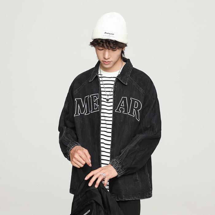 

Spring Loose American Cotton Jacket Men S High Quality Retro Washed Alphabet Embroidered Denim Jacket Men S 4XL черный серый