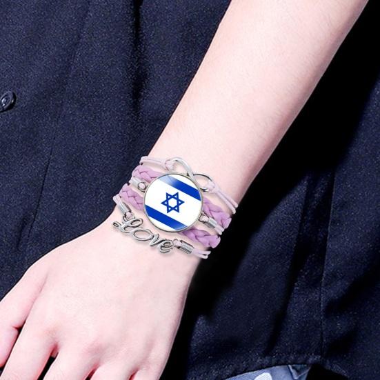 Yousheng Round Israel Flag Decor Bracelet Multi Layer Adjustable Handmade Bracelet Metal Letter Decor Faux Leather Wristband Jewelry Gift