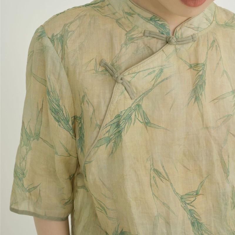 Johnature Women Vintage Stand Shirts Tops Half Sleeve Print Floral Blouses Spring Women Chinese Style Shirts