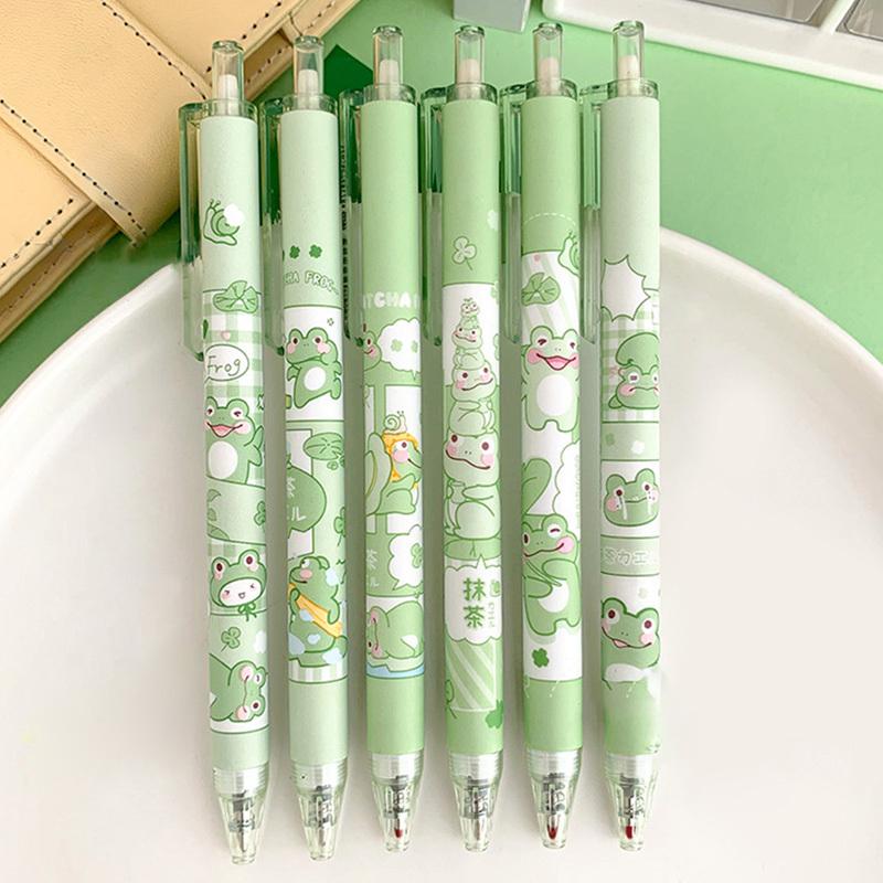 

6pcs 0.5mm Press Type Cute Matcha Frog Gel Pen Student Stationery Office Supplies