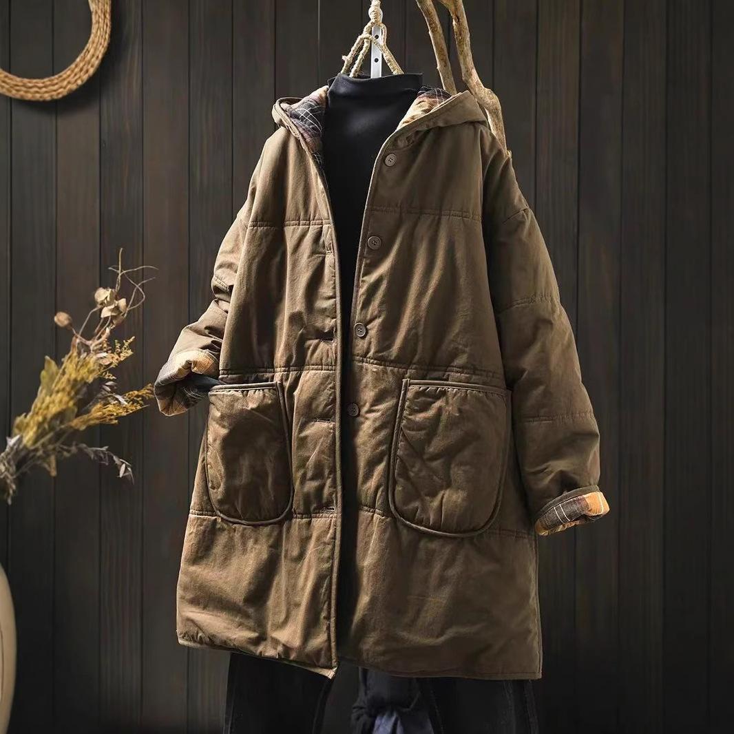 

Женские винтажные парки с капюшоном, пальто на пуговицах, зимние, с длинным рукавом, с карманами, теплые аркасы One Size кофейный