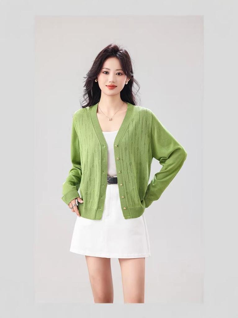 Plus Size Women's Knit Cardigan - Single-Breasted, Hollow-Out, Solid Color, Versatile for Spring/Autumn