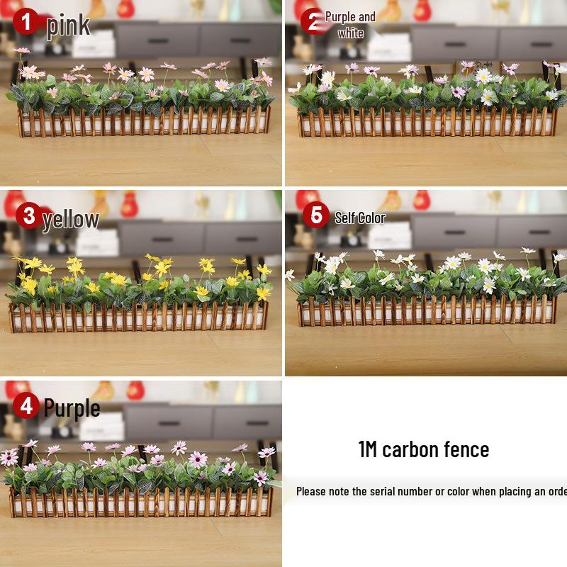 Silk Flower Pot with Wood Fence: Decorative Bonsai for Living Room or Office.