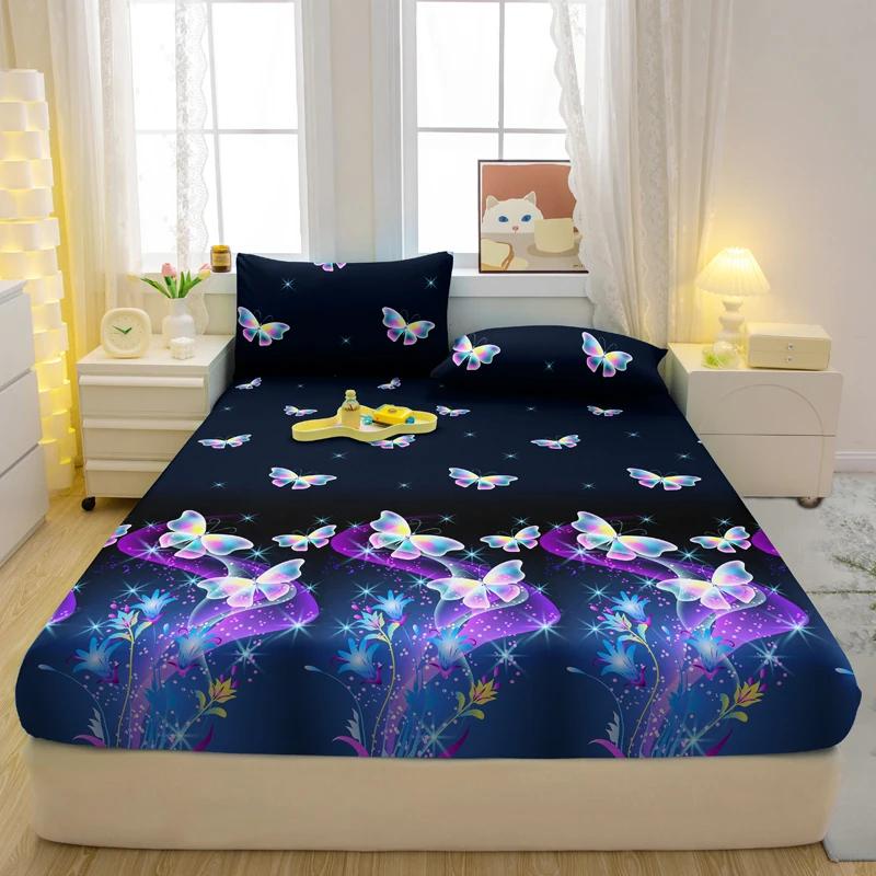 

Simple Modern Butterfly Printed Fitted Sheet Soft Matte Bed Cover Queen Size Bedding Set Excluding Pillowcases 71x132cm