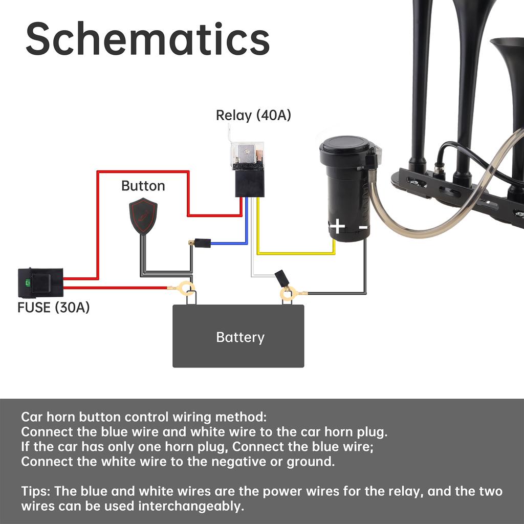12V 185dB Super Lautes Vier-Trompeten Musikalisches Lufthorn mit Kompressor Schalterknopf Schwarz für Autos LKWs Boote Motorräder