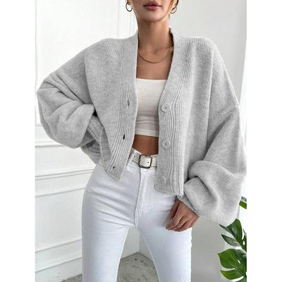 Knitted Cardigan Women's Autumn and Winter New Item Casual Loose V-neck Lantern Sleeves Knitted Sweater Women