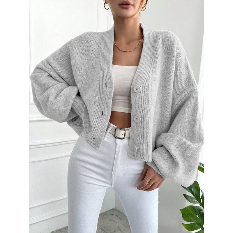 Knitted Cardigan Women's Autumn and Winter New Item Casual Loose V-neck Lantern Sleeves Knitted Sweater Women