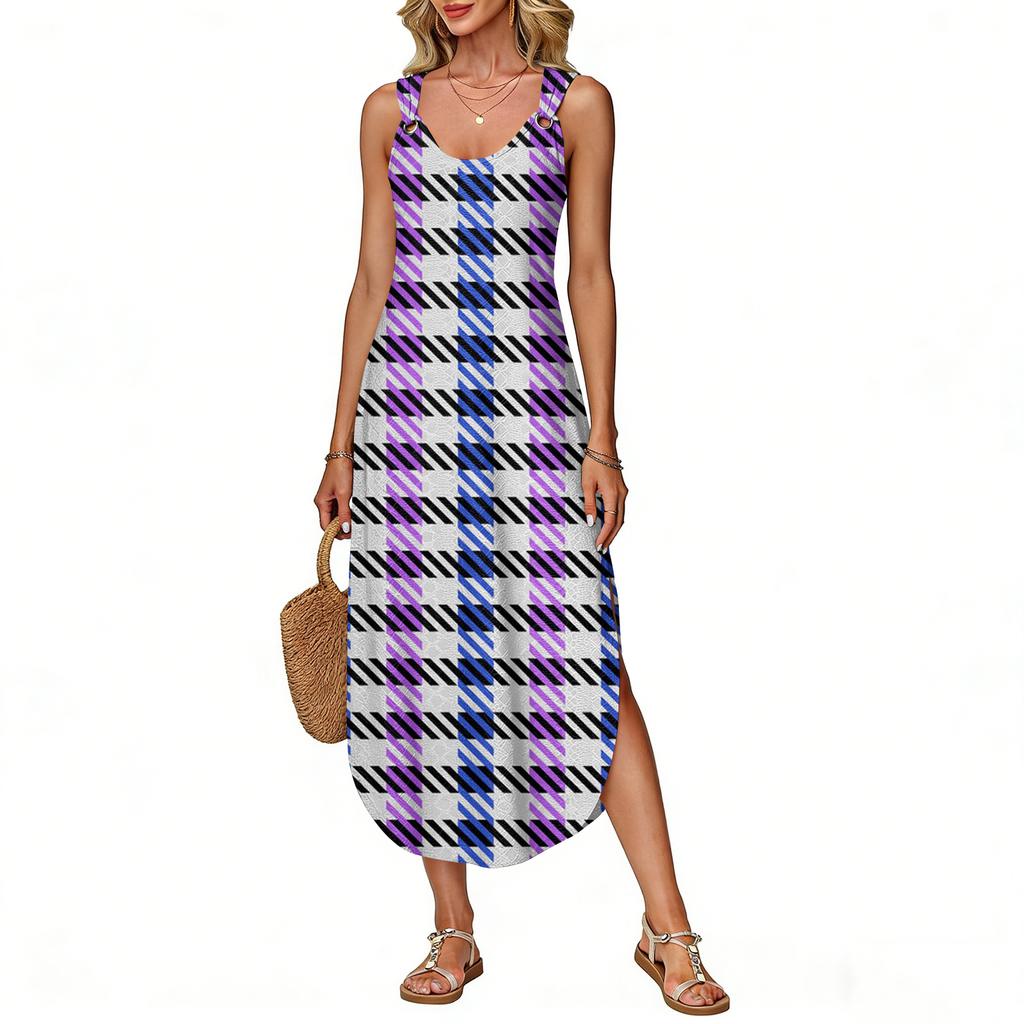 Women's Summer Long Dress, Sleeveless with Side Slits, Long Plaid Printed Vest Dress