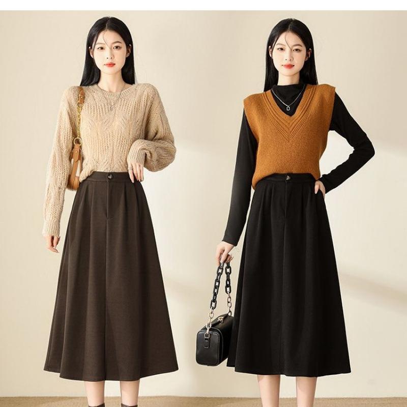 Woolen Pleated Skirt for Women in Autumn and Winter, High-waisted A-line Skirt, Mid-length Drape, Slimming, Large-swing Umbrella Skirt