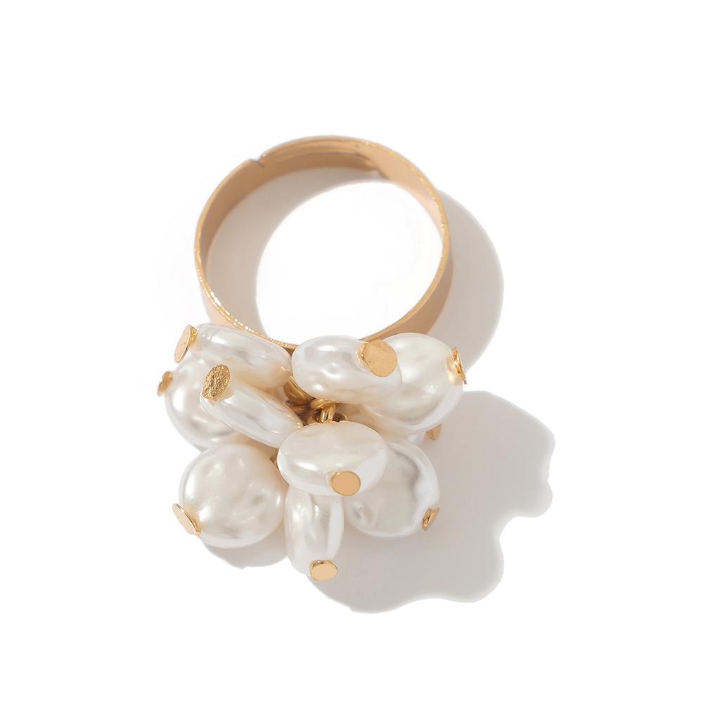 Design Metal Pleated Feathers Imitation Pearl Ring, Wind Flower Open Ring Joint Ring