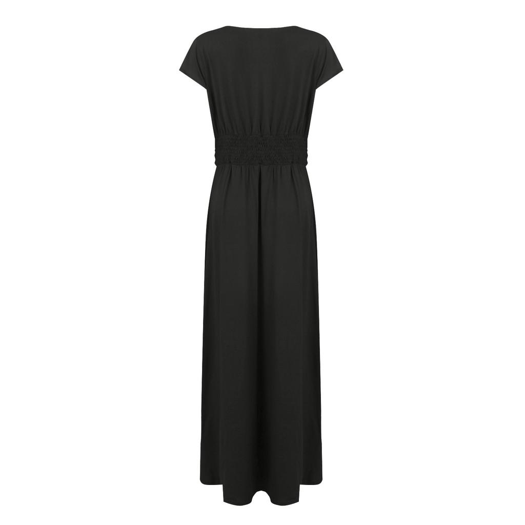 Damen Farbiges Deep V-Ausschnitt Kurzarm Langes Kleid Plissiert Hohe Taille Geschlitztes Kleid