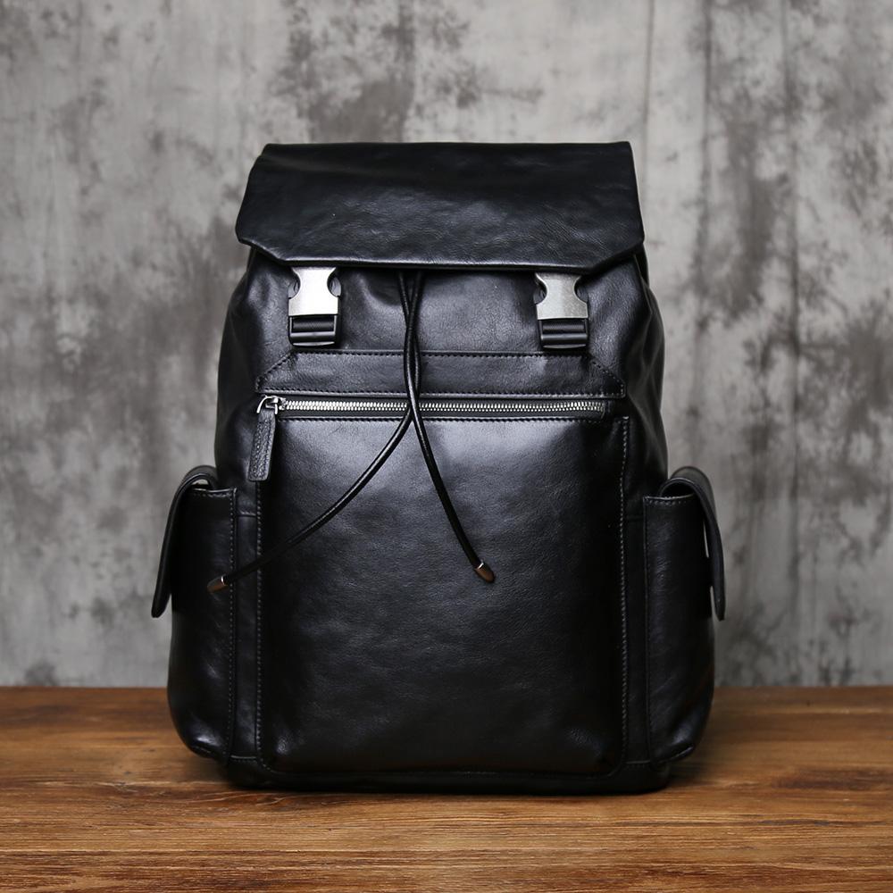 

NZPJ Men s Genuine Leather Backpack Top-Grain Cowhide Flap Large Capacity Outdoor Travel Retro Casual Laptop Bag чёрный
