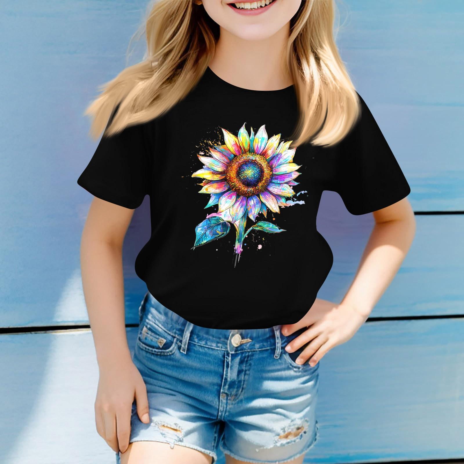 

Дитяча футболка з круглим вирізом, повсякденна, з квітковим дрібним принтом, з коротким рукавом 110 чорний