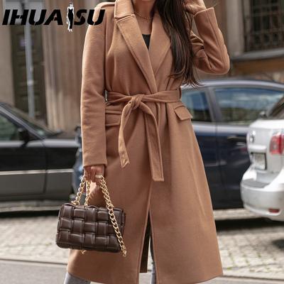 Autumn Winter Simple Long Sleeve V-neck Lace Woolen Coat for Women Jackets & Coats