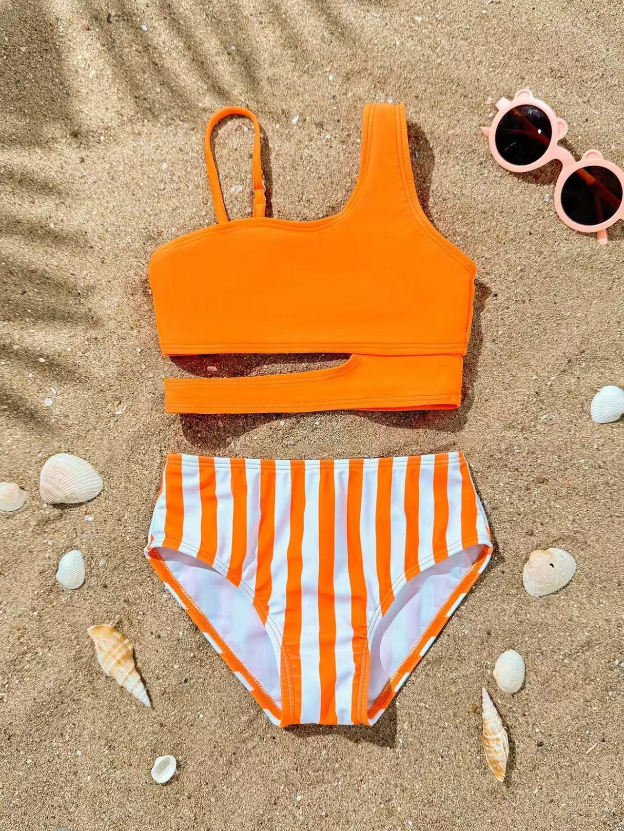 

New children s design plate with shoulder split swimsuit cute beach vacation swimsuit fashion 6-7Y-120 помаранчевий