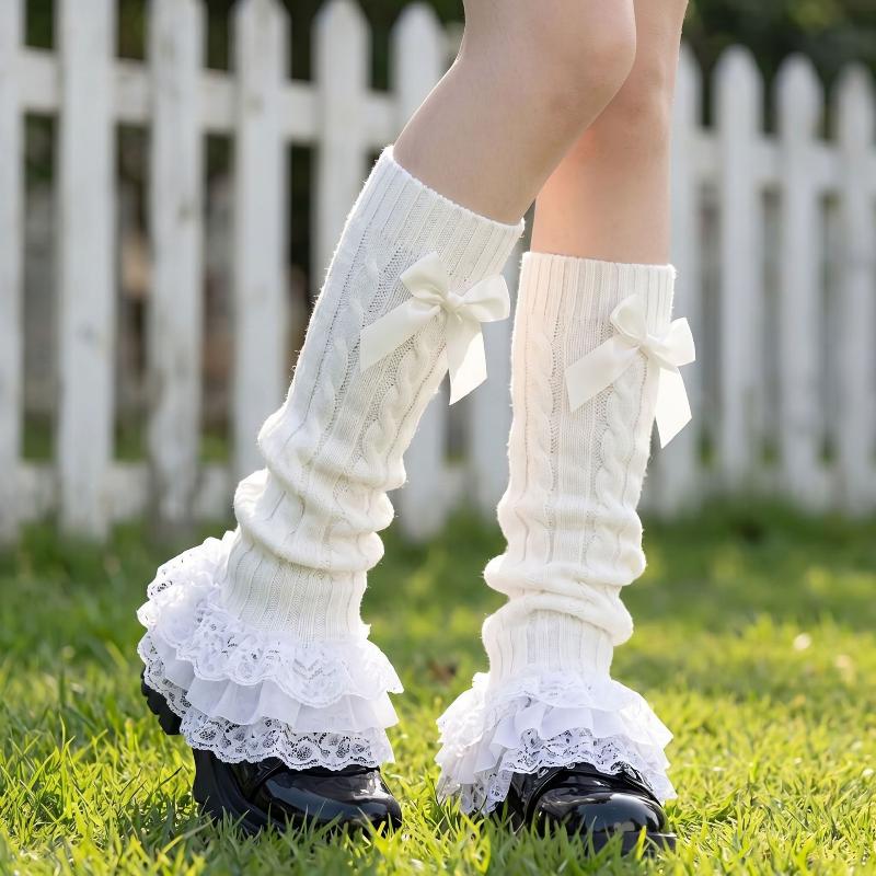 Lolita Leg Warmers For Women Ruffled Lace Kawaii Calf Leg Covers Jk Uniform Bowknot Knit Boot Cuffs Sweet Girls Gothic