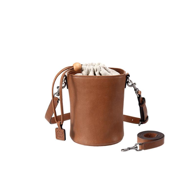 

Кожаная сумка-ведро на шнурке Qiu Zhen женская из растительно выделанной кожи первого слоя, нишевая сумка с ретро-текстурой, на плечо, кроссбоди, женская сумка