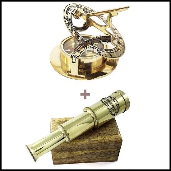 

Телескоп Королевского флота с деревянным корпусом, латунными солнечными часами и компасом