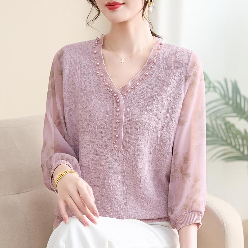 

Mom s Stylish Sheer V-Neck T-Shirt for Middle-Aged and Elderly Women, Lightweight Knit Top with Seven-Point Sleeves 4XL (recommended 135-150 jin)