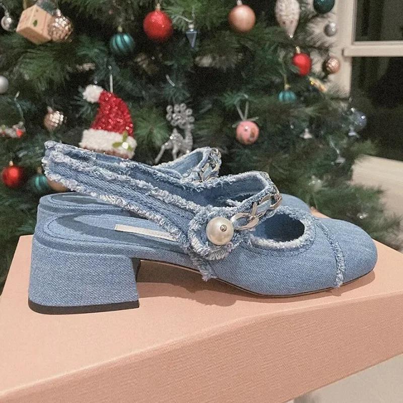 Fashion 2024 Women Summer 7cm High Heels Shoes Sandals Lady Bling Mules Slingback Silver Pumps Female Denim Sandals Bridal Quality Shoes