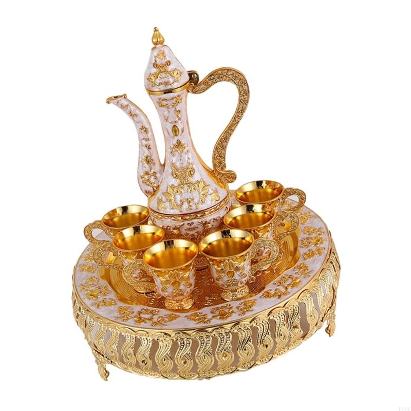 Elegant European Metal Barwares Set With Florals Embossed Decanter Tray and Glasses for Home Entertaining B03E