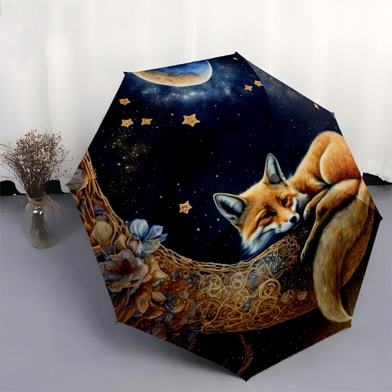 1pc Moonlit Fox Dreamscape Umbrella with Plastic Handle,Suitable for All Seasons Home Travel Outdoor UmbrellaDD467
