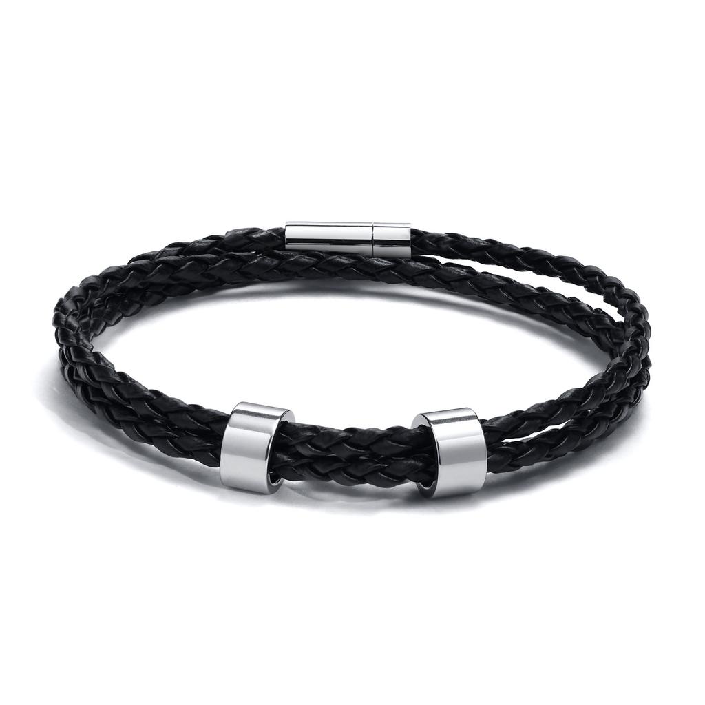 Vnox Free Custom Name Mens Braided Genuine Leather Bracelet Gifts Jewelry,Stainless Steel Beads Charm with Family Names,Dad Gift
