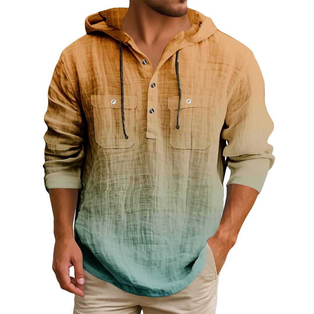 Men's Hooded T-shirt Gradient Color Cotton And Linen Men's Casual Long-sleeved Top