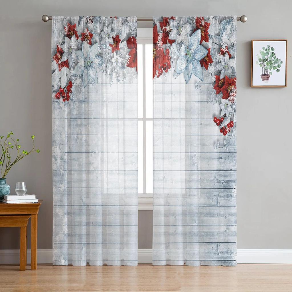 

Christmas Tree Curtains Chiffon Voile Window Curtain Drapes Treatments Semi Room Sheer Made Of Polyester W100*H130(CM)-Grommet top&2PCS
