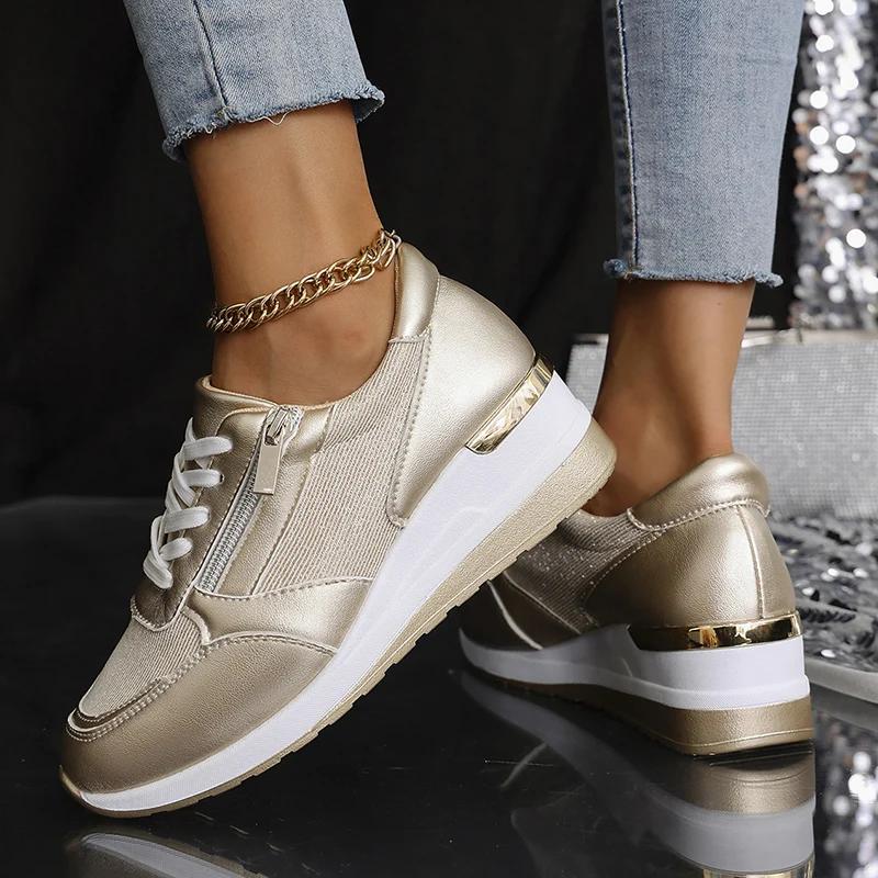 Fashion Fashion Women's Sneakers 2025 Spring Thick Bottom Silver Sneakers Wedge Heel Vulcanized Shoes for Women Comfort Lace Up Sneakers