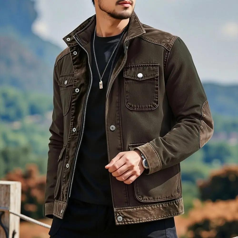 Spring Autumn Men's Multi Pocket Denim Jacket Fashion Patchwork Casual Outerwear Coat Men