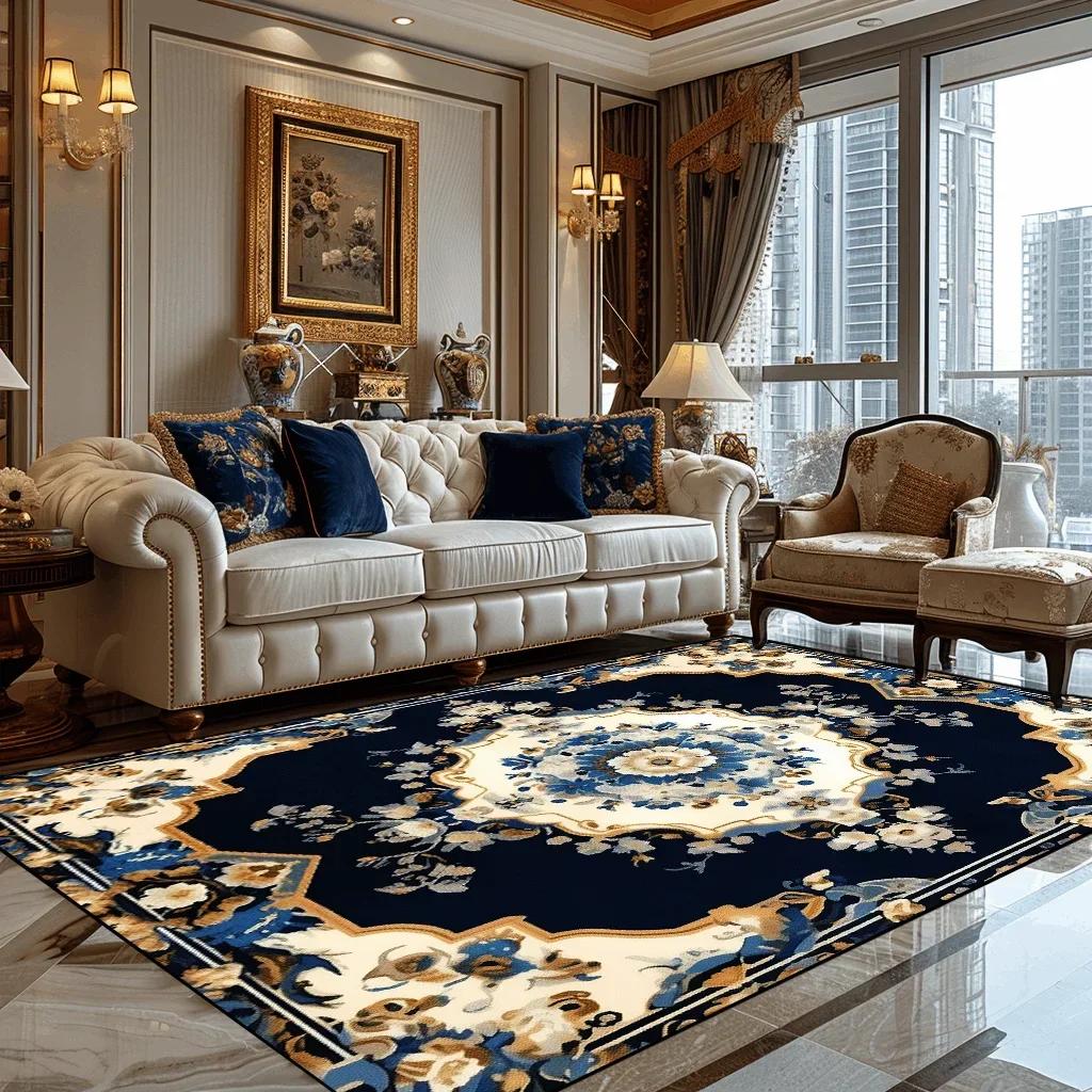 

Розкішний килим у європейському стилі для вітальні Синій Домашній декор Спальня Чайний столик М який килим Праний Короткий плюш Килимки для підлоги для лаунжу 60*90cm