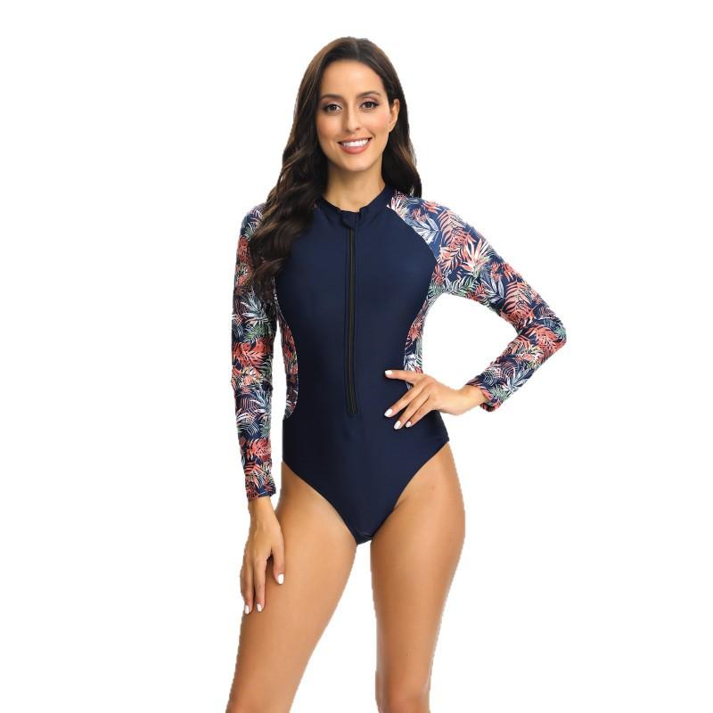 Womens Long Sleeve Printed Zipper One-Piece Swimsuit With Built-in Pad High Coverage Surfing Swimming Suit