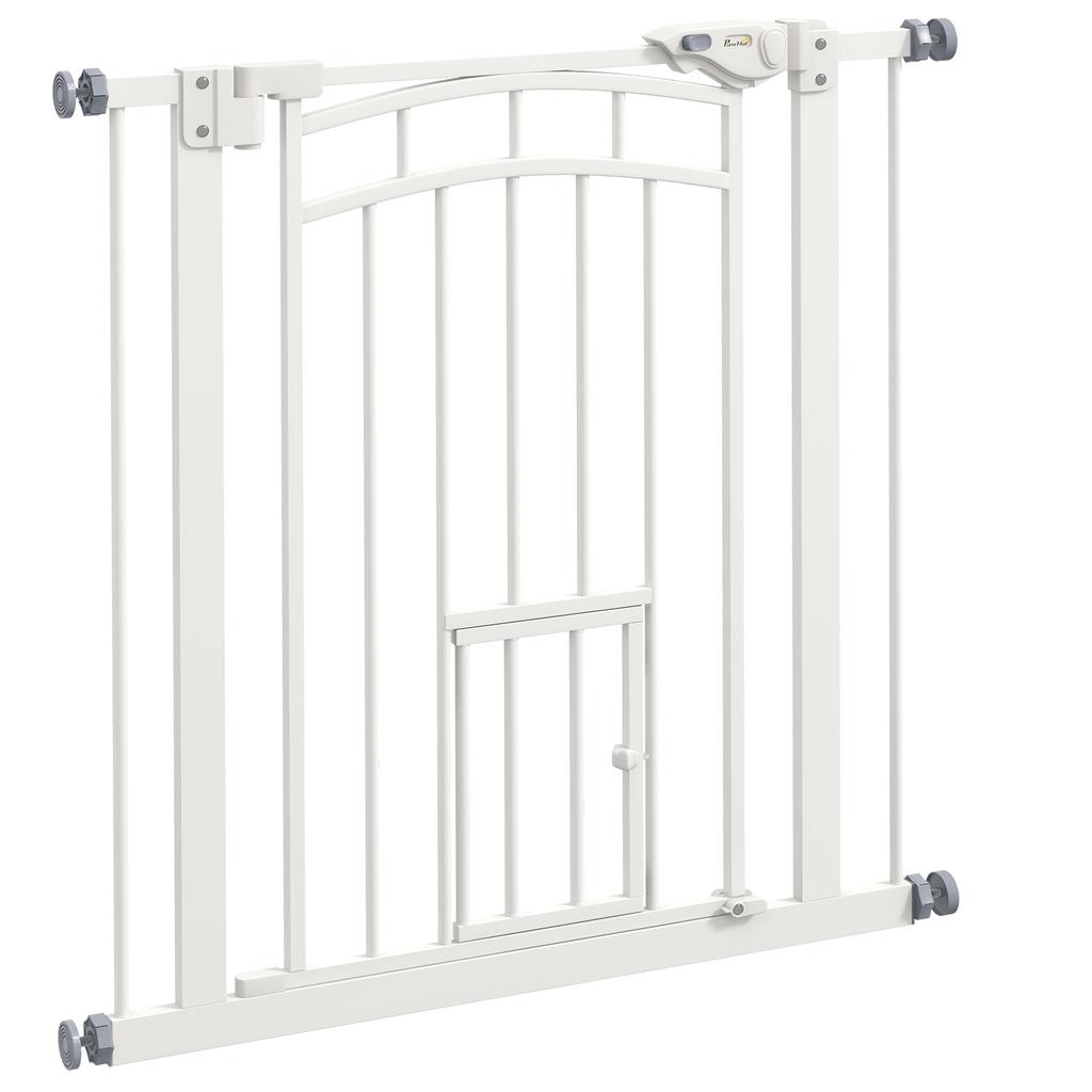 Pressure Fit Stair Gate, Dog Gate W/ Small Cat Door, Auto Closing System, Double Locking Openings, 74-80cm - White