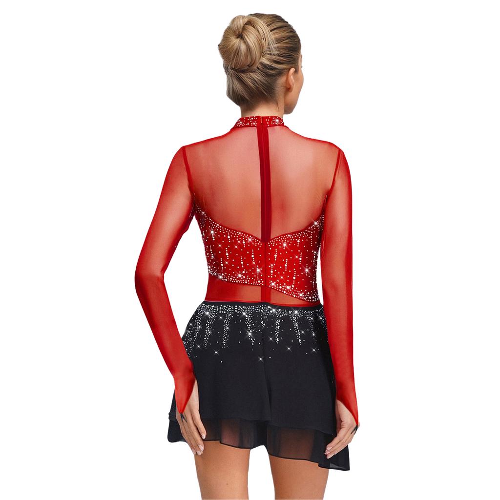 Damen Lyrisches Tanzleotards Kleid Strass Langarm Chiffonrock Body Eiskunstlauf Modernes Kostüm
