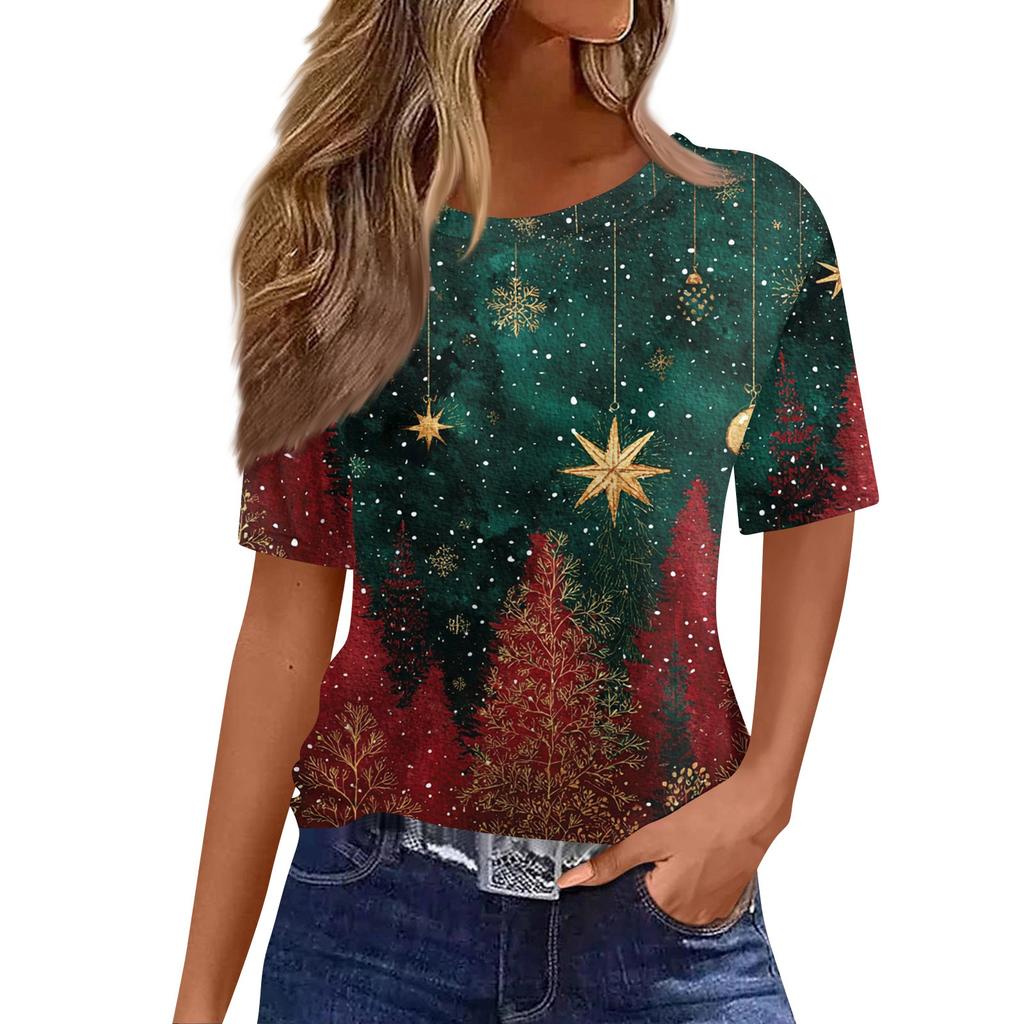 Women's Fashionable Casual Short Sleeve Christmas Print Round Neck Pullover Top