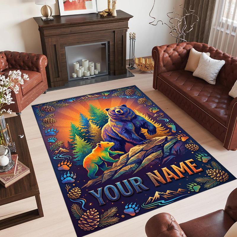 Teddy Bear Theme Crystal Velvet Rug Personalized Custom Name Text Soft Floor Mat Home Decor