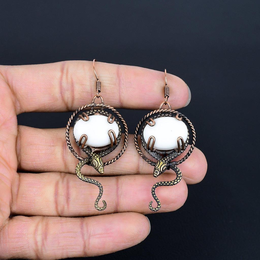 White Coral 999 Copper Wire Wrapped Earrings, Handmade Gemstone Earrings Jewelry, Gifts For Wife Brand New Earrings