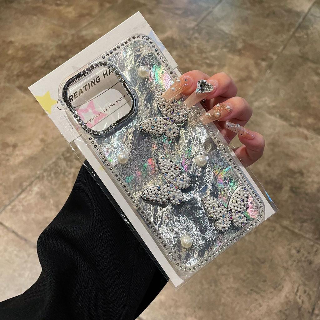 Applicable To Apple 16proMax Pearl Butterfly Laser Mobile Phone Case Diamond IPhone 15 Shell Pattern 14 Anti Fall Case