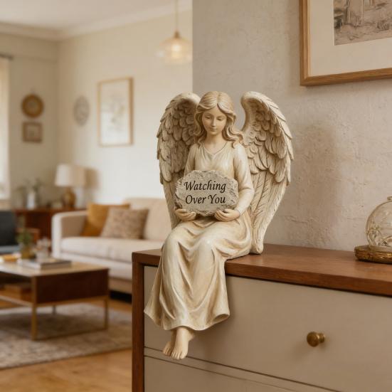 Schutzengel Regal-Sitzer Passt auf dich auf Engelsfigur Handbemalt Sitzender Engel Harzstatue Skulptur Heim- und Bürodekoration