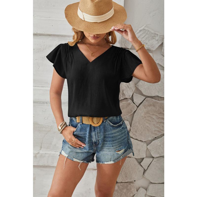 Summer New V-neck Fashion Short Sleeve Casual Women Blouse Elegant Loose Pleated Office Tops Solid Color Simple Loose Slim Women Vlothing