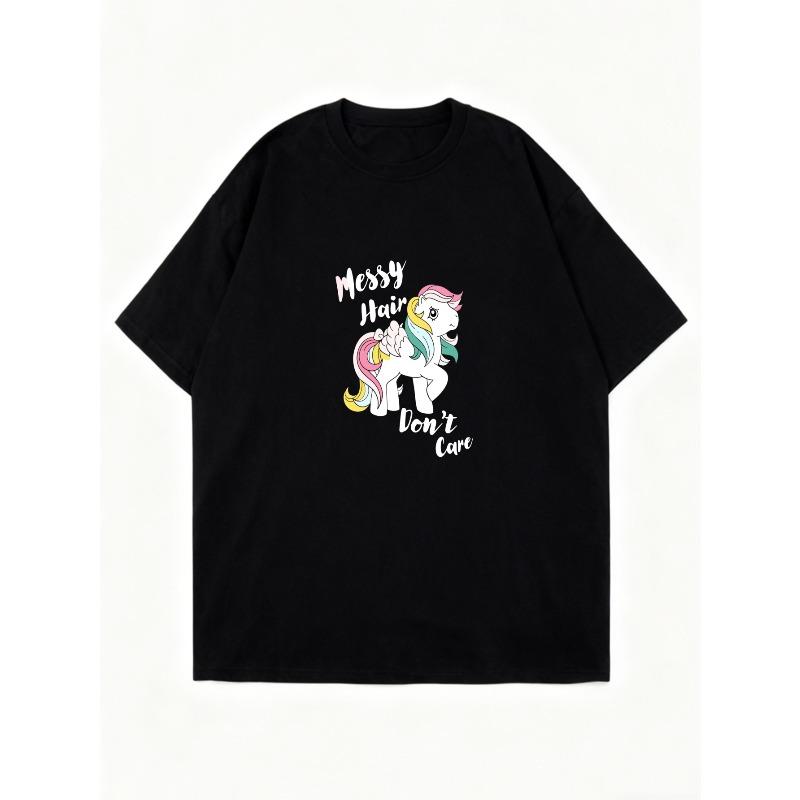 Oversized T Shirt Black Unicorn With Messy Hair Dont Care Print Casual Wear For Women