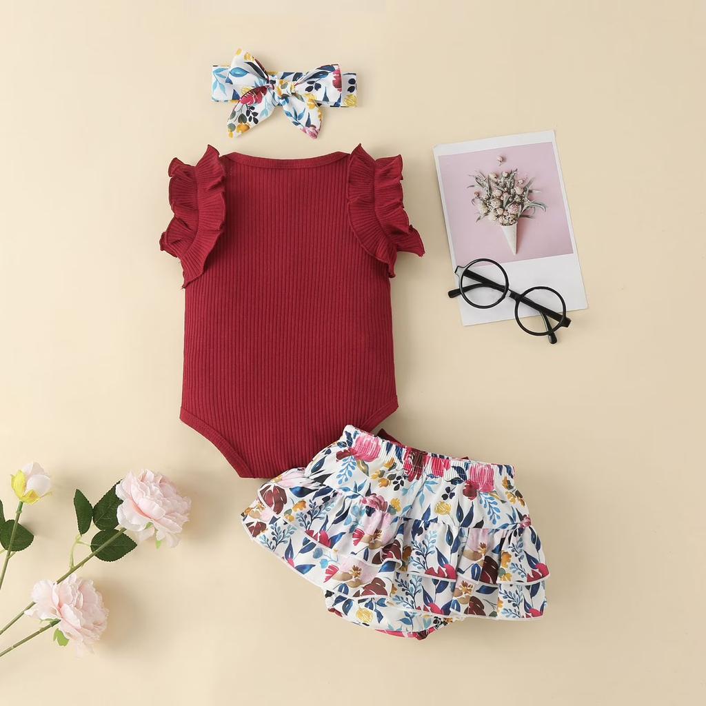 Baby Girls Sleeveless Ruffle Romper Floral Printed Skirt Set with Headband Cotton Soft Fabric Infant Toddler Outfit