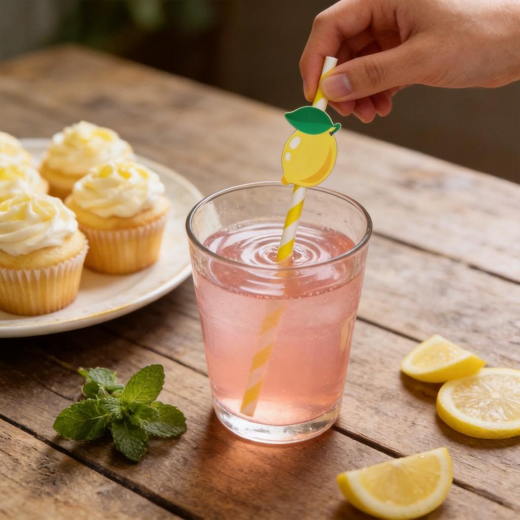 Degradable Paper Straws For Parties With Lemon Pattern For Cake Drinks And Cocktails