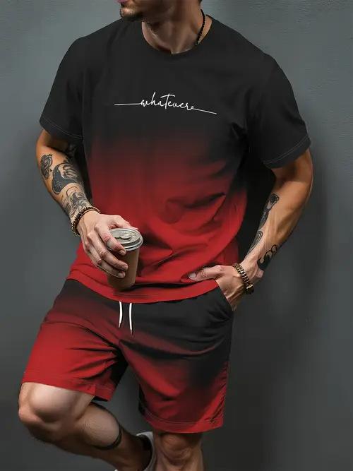 Gradient Letter Pattern 3D Print Tracksuits Men Casual Short Sleeve T-Shirt Shorts Sets 2pcs Sportswear Suits Man Clothing