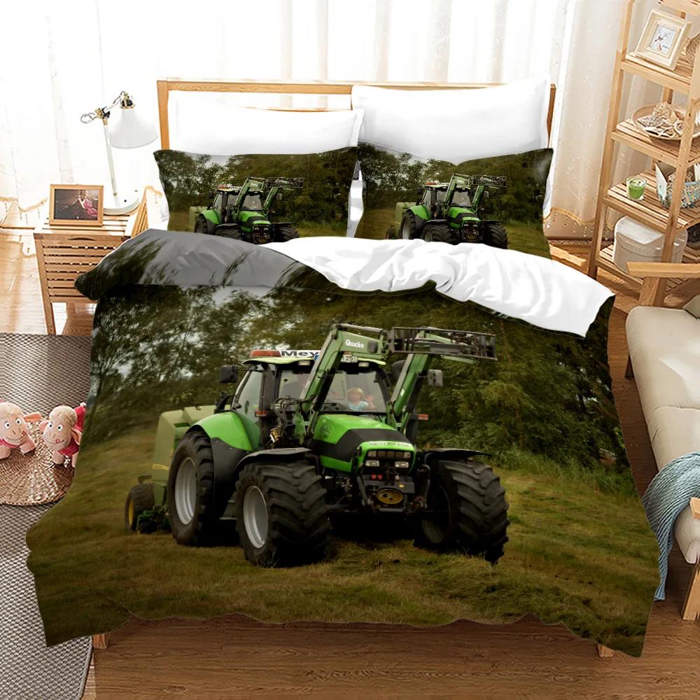 Wind Tractor Comforter Cover Bedding Print Idyllic Countryside Harvesting Machine Double Duvet Cover With Pillowcases Bed Set