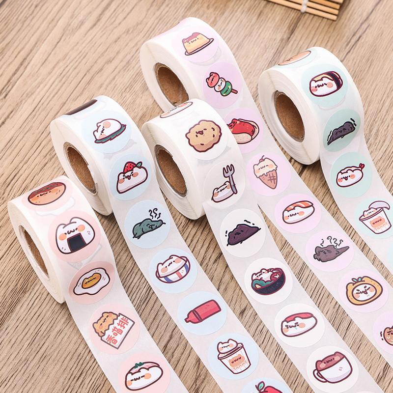 500Pcs/Roll 2.5Cm/1Inch Circular Cute Cartoon Sushi Pattern Decorative Sticker Baked Dessert Lunch Box Label Decor Sticker