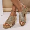 Fashion Bling Leather Sandals for Woman Sexy Peep Toe Hook Loop Wedge Sandalias Casual Wood Grain Platform Summer Roman Shoes