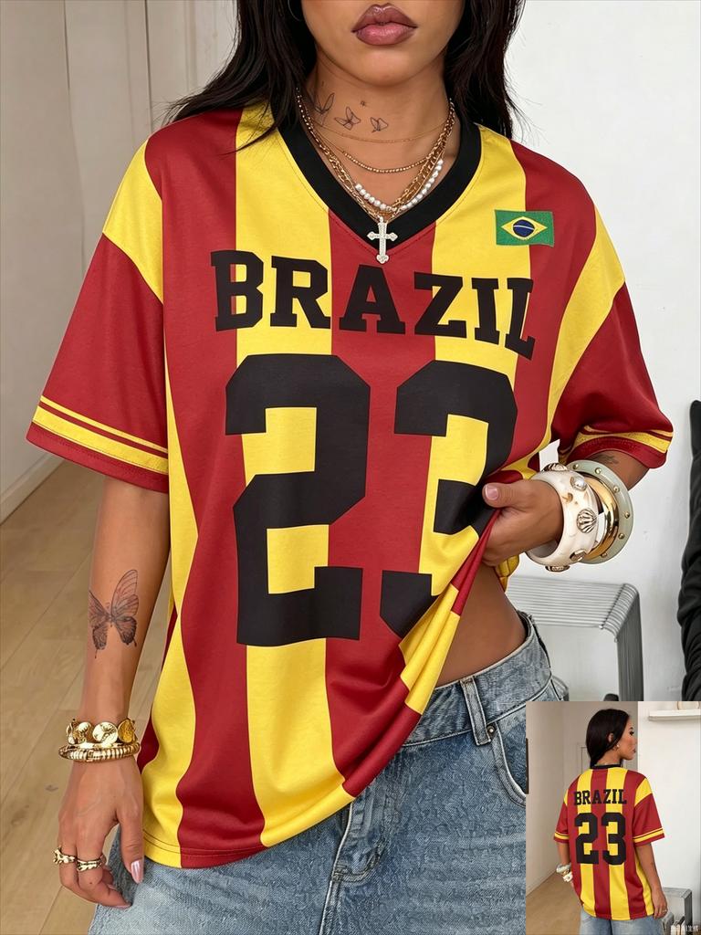 Letnie damskie ubrania uliczne Codzienne Vintage Sportowe Oddychające z nadrukiem 3D Koszulka Jersey Piłkarski Baseballowy Brazylia Karnawałowe Top